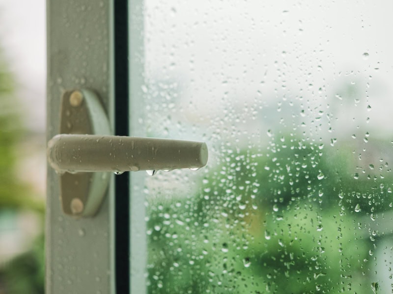 Don't Let Your Home Sweat It Out: A Texas Guide to Humidity Control. Raindrop on window with Handle Blur tree background Rainy Season.